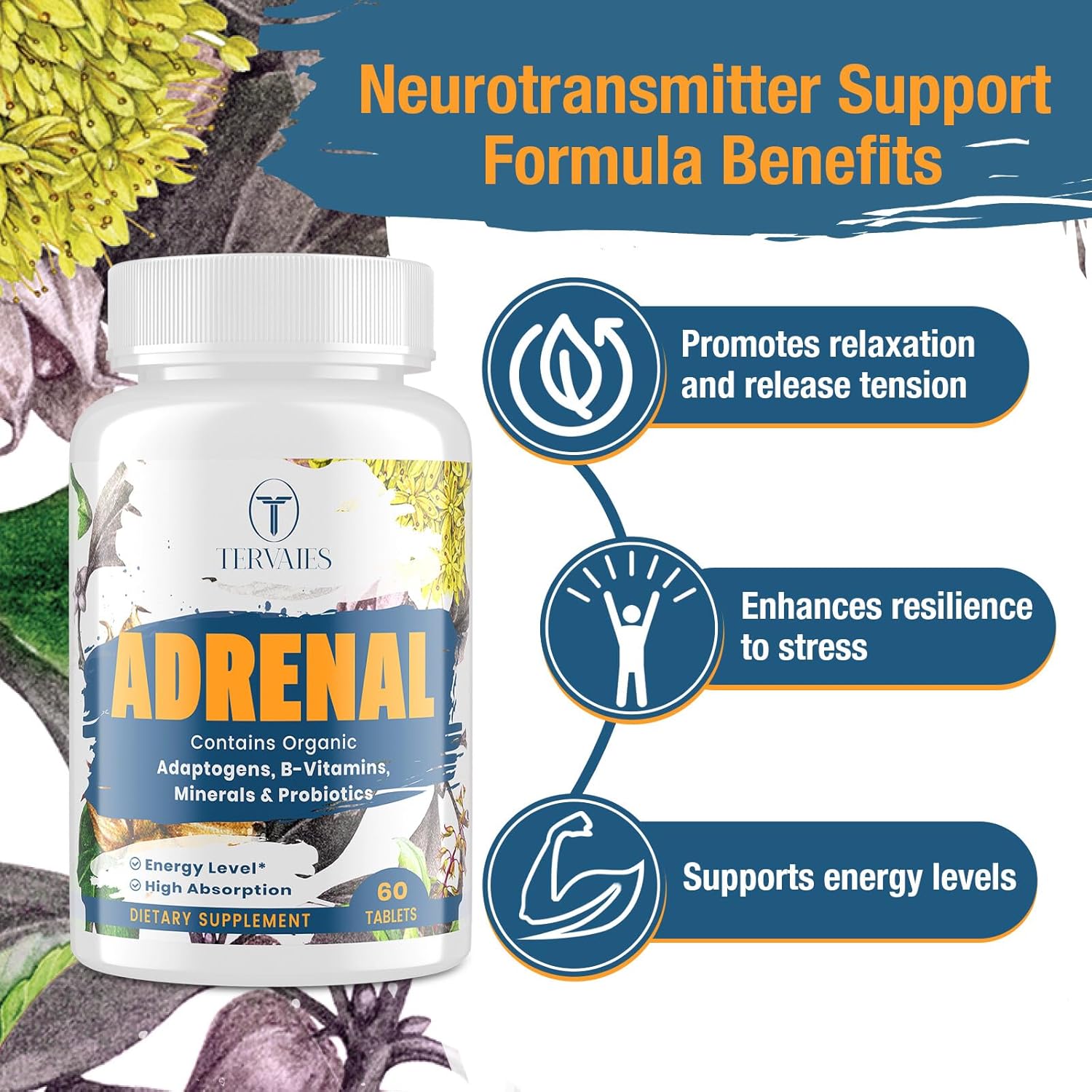 Adrenal Support Adaptogens Herbs Supplements - Cortisol Supplement with Rhodiola Rosea, Ashwagandha, Holy Basil and Eleuthero-Mood and Energy Support for Women & Men-Non-GMO, 60 Vegan Tablets