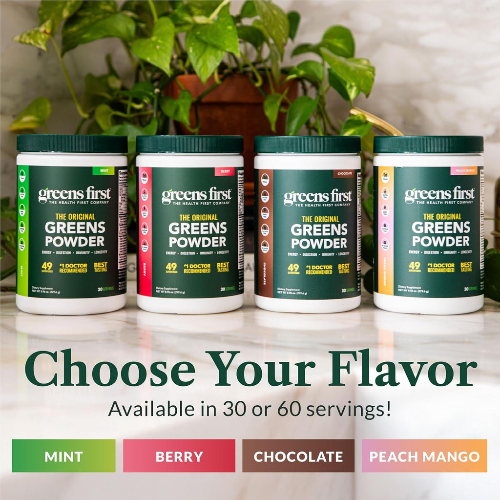 Greens First Original Greens Powder - 49 Superfoods - Organic Fruits & Veggies - Prebiotics, Probiotics & Digestive Enzymes - Antioxidant Smoothie - Dairy Free/Vegan/Non-GMO (Peach Mango, 30 Servings)