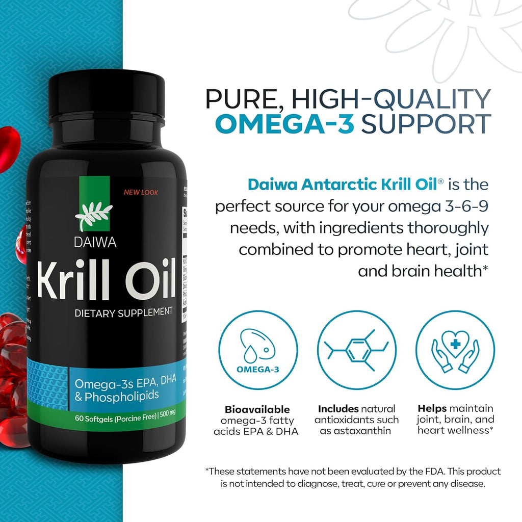 Daiwa Krill Oil 1000mg Softgels - EPA DHA Omega 3 Antarctic Krill Oil Supplement with Astaxanthin - Natural Solution for Joint, Brain Support and Heart Health - 60/ct