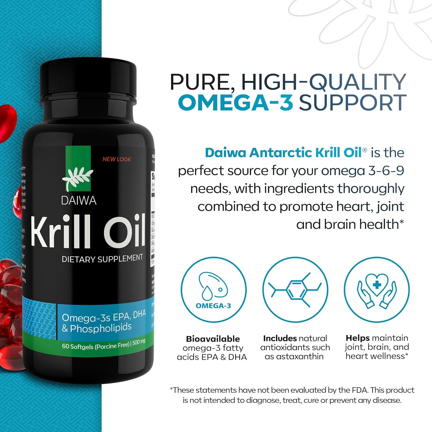 Daiwa Krill Oil 1000mg Softgels - EPA DHA Omega 3 Antarctic Krill Oil Supplement with Astaxanthin - Natural Solution for Joint, Brain Support and Heart Health - 60/ct