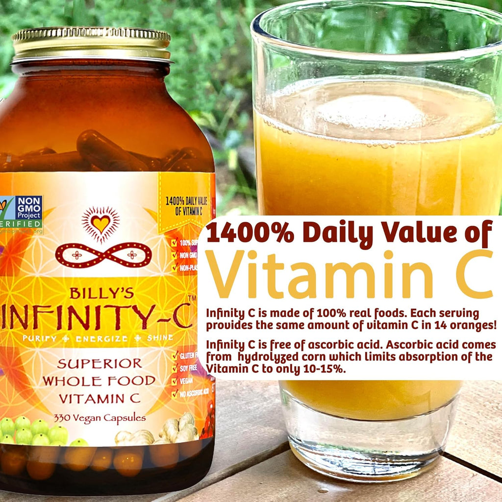 Infinity-C Organic Vitamin C Capsules, Bioavailable VIT C from Acerola, Camu Camu & Amla, Whole Food Vitamin C 1000mg, Immune Support Superfoods, Shilajit, Astragalus Root & Ginger (30 Servings)