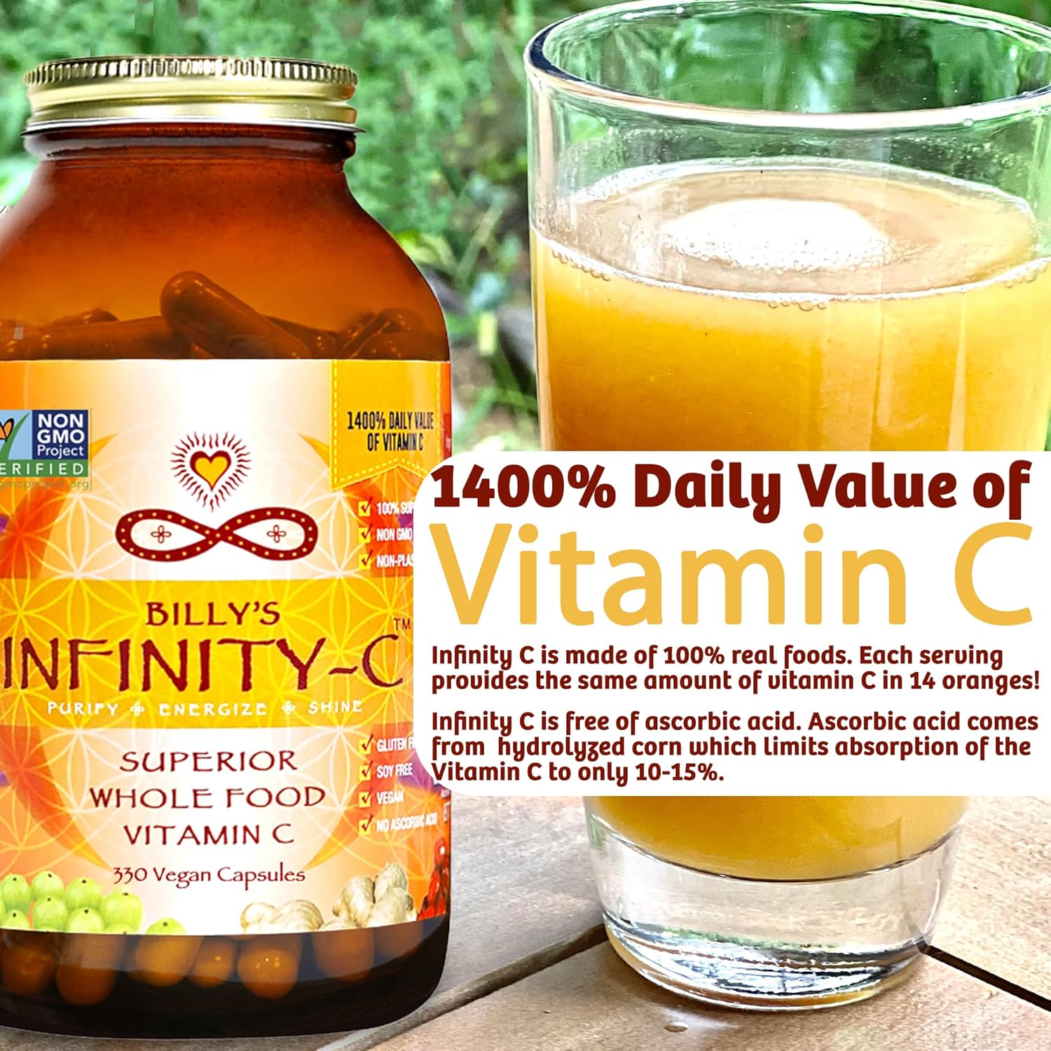Infinity-C Organic Vitamin C Capsules, Bioavailable VIT C from Acerola, Camu Camu & Amla, Whole Food Vitamin C 1000mg, Immune Support Superfoods, Shilajit, Astragalus Root & Ginger (30 Servings)