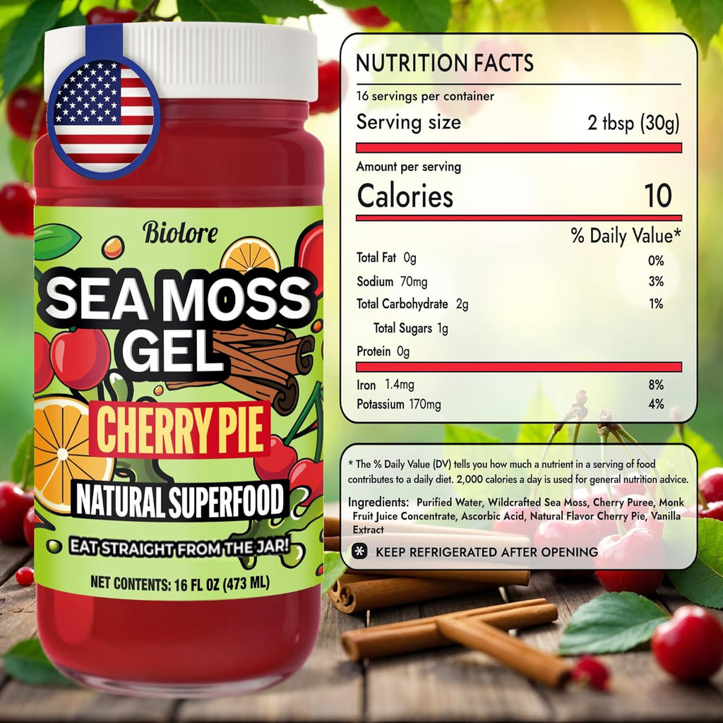 Biolore Cherry Pie Sea Moss Gel 16 oz - No Added Sugar, Vegan, Made in USA - Wildcrafted Sea Moss Superfood with 92 Essential Vitamins - Ready to Use, No Prep Needed