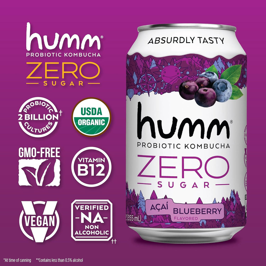 Humm Probiotic Kombucha Zero Sugar Variety Pack, No Refrigeration Needed, Keto Friendly, Organic, Vegan, Gluten Free, 12oz Cans (16 Pack)