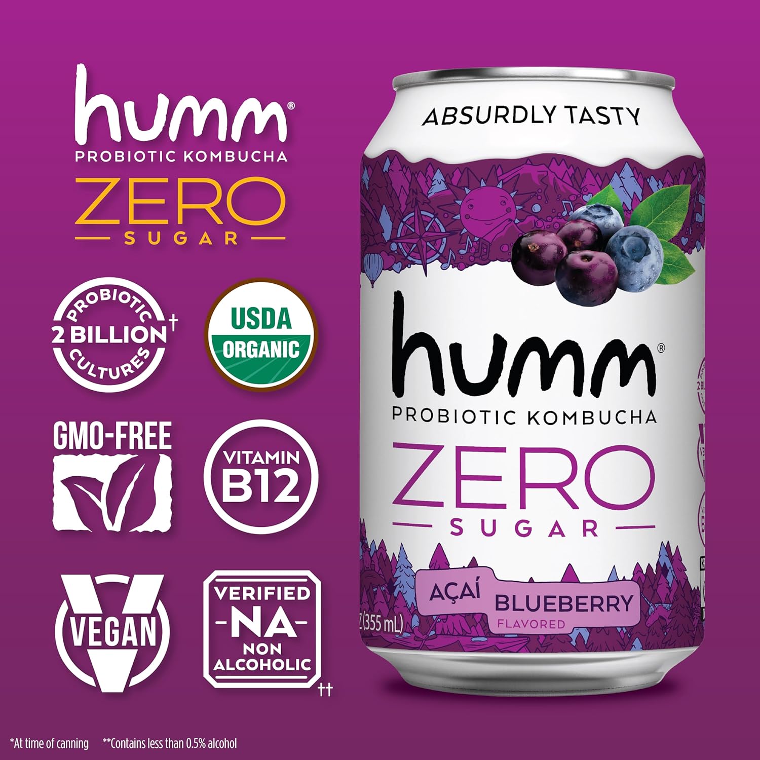 Humm Probiotic Kombucha Zero Sugar Variety Pack, No Refrigeration Needed, Keto Friendly, Organic, Vegan, Gluten Free, 12oz Cans (16 Pack)