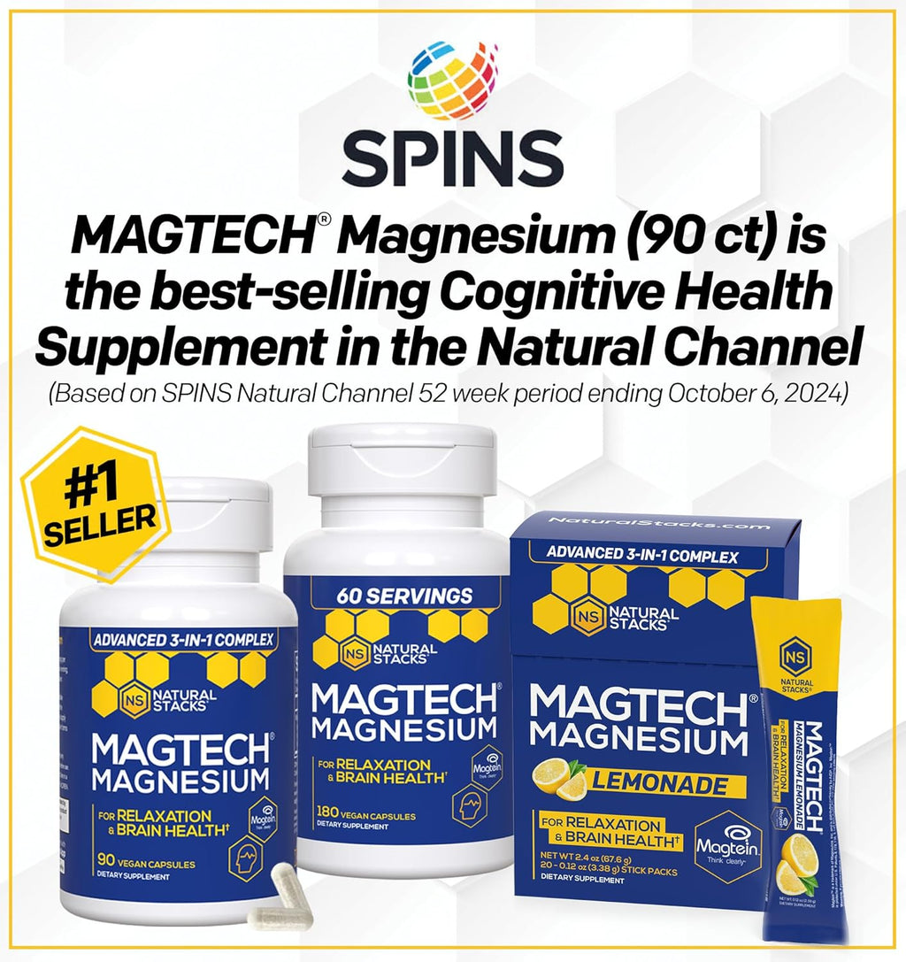 MagTech Magnesium Supplement - 3 Forms of Magnesium: Magtein L-Threonate, Glycinate & Taurate - 200mg Chelated Magnesium Complex - Supports Relaxation & Brain Health - 180 Capsules
