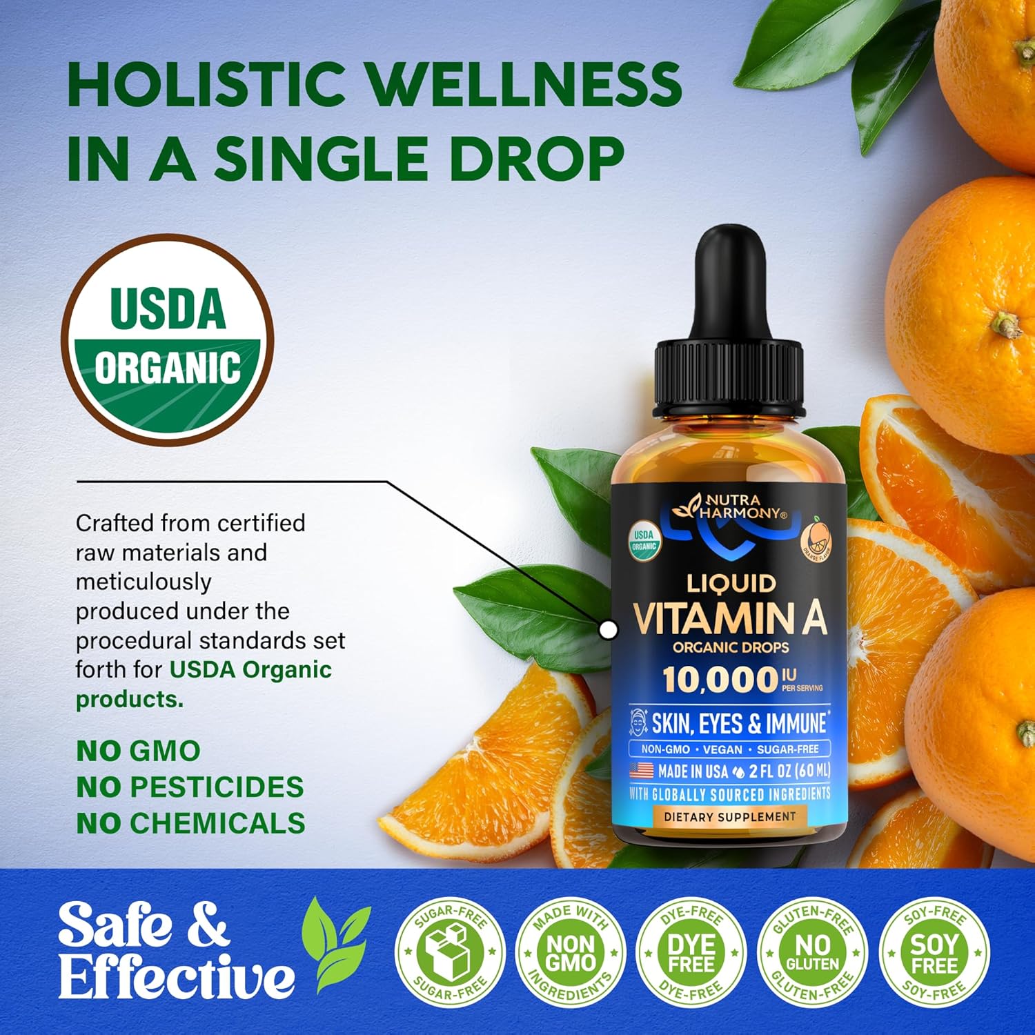 USDA Organic Vitamin A 10000 IU - Vitamin A Supplement Liquid Drops - Extra Strength for Skin Health, Eyes & Immune Support - Orange Flavour - Vegan & Sugar-free, Made in USA - 2 Fl Oz, 240-Day Supply