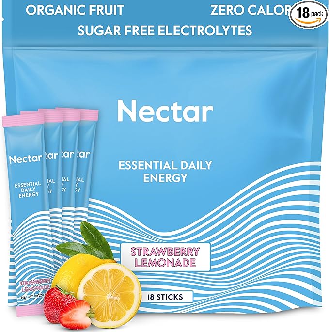 Nectar Energy Booster - Organic Caffeine, B12 & Electrolytes - Sugar Free & Zero Calorie – Healthy Coffee, Energy Drink & Soda Alternative – Hydration & Energy Supplement (Straw. Lemonade 18 Packets)