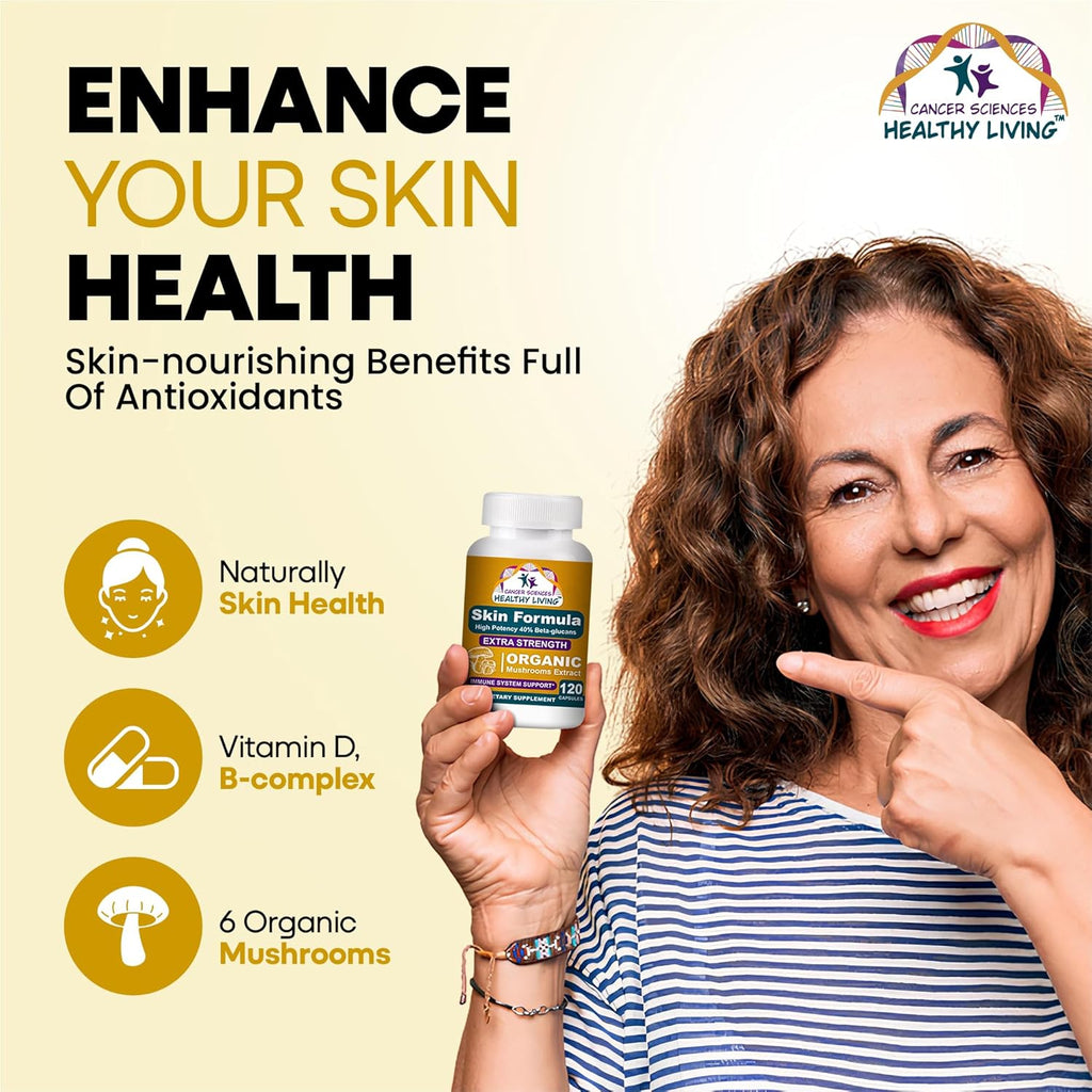 Cancer Sciences Skin Wellness Supplement, USDA Certified Organic Extract Mushrooms Supplement, Extra Strength 1,500 mg, High Potency 40% Beta-Glucans, Immune Support, Glowing Complexion, 120 Capsules