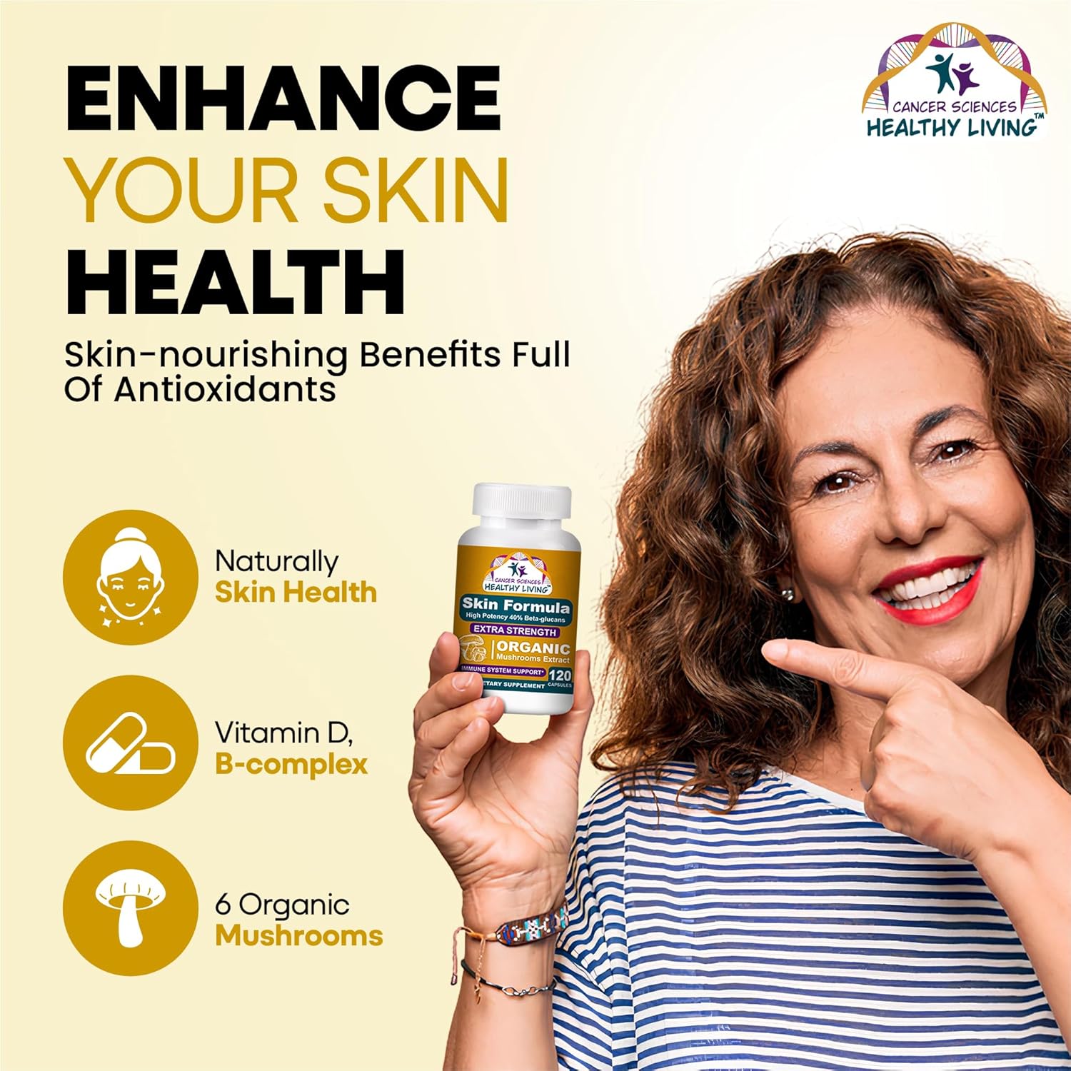 Cancer Sciences Skin Wellness Supplement, USDA Certified Organic Extract Mushrooms Supplement, Extra Strength 1,500 mg, High Potency 40% Beta-Glucans, Immune Support, Glowing Complexion, 120 Capsules