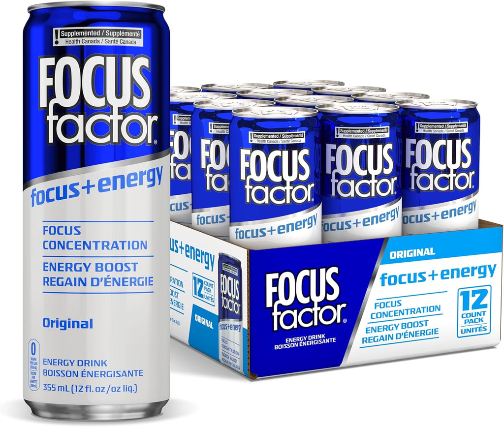 Focus Factor Energy Drink - 12 x 355ml Cans (Original Flavour) - with Focus + Energy - Lightly Carbonated, Sugar Free, Low Calorie with Vitamin B6 & Vitamin B12