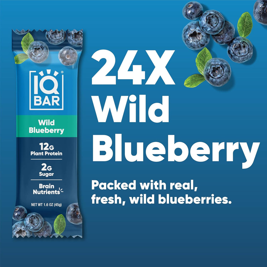IQBAR Brain and Body Plant Protein Bars - Wild Blueberry - 24-Count - Keto, Vegan, Low Carb, High Fiber, Gluten Free, Dairy Free, Low Sugar Snack with Nutrients for Focus, Energy, Meal Replacement