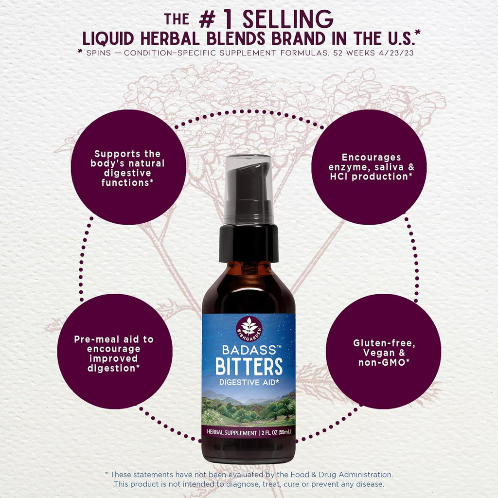 WishGarden Herbs Badass Bitters - All-Natural Digestive Bitters Made with Gentian Root, Orange Peel & Fenugreek Seed, Bitters for Digestion Stimulates Digestive Enzymes Function, Swedish Bitters, 2oz