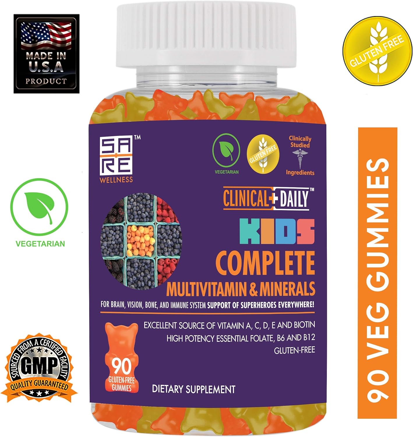 Clinical Daily Complete Kids Multivitamin Daily Gummy Supplement for Brain, Vision, Bone and Immune Health. Vitamins A, C, E,D,B6,B12, Folate, Biotin, Essential Minerals. 90 Gluten Free Yummy Gummies