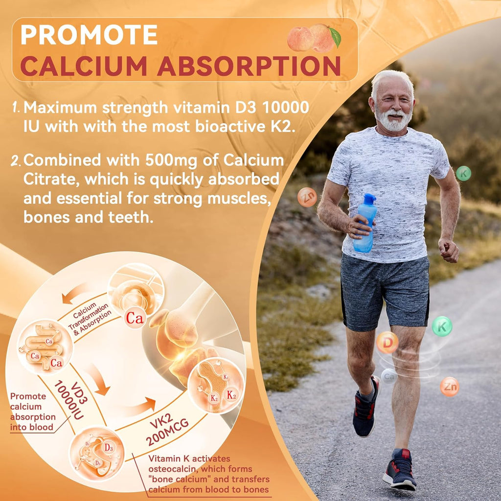 Vitamin D3 K2 Filled Gummies 5000IU / 10,000 IU with 500mg Calcium + K2(MK-7) 200mcg, Magnesium, Vitamin C & Zinc, Extra Strength - Ultimate Absorbency for Bones Muscles Teeth, Vegan -- Pack of 2