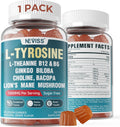 Sugar Free L-Tyrosine Gummies 300mg L-Theanine 200mg Vitamin B6 100mg & B12 500mcg, Brain Health Herbs 300mg w/Ginkgo Biloba, Rhodiola Rosea, Lion's Mane Mushroom for Sustained Focus & Energy, 1Pack