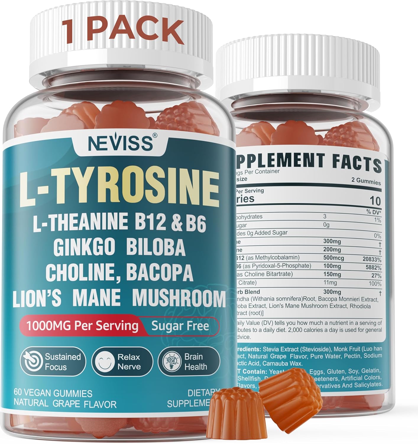 Sugar Free L-Tyrosine Gummies 300mg L-Theanine 200mg Vitamin B6 100mg & B12 500mcg, Brain Health Herbs 300mg w/Ginkgo Biloba, Rhodiola Rosea, Lion's Mane Mushroom for Sustained Focus & Energy, 1Pack