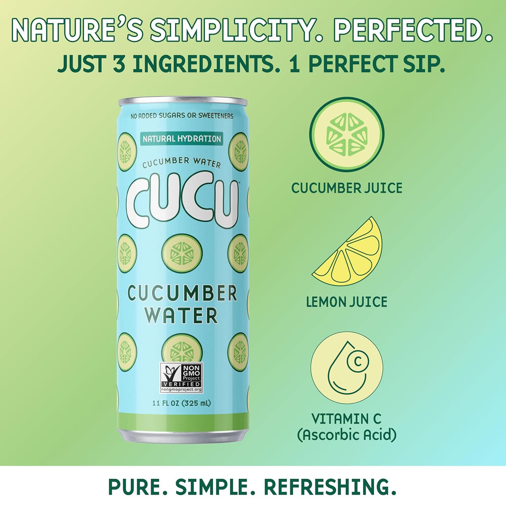 CUCU Cucumber Water – Natural Hydration from Cucumbers with Vitamin C, Electrolytes & Antioxidants – No Sugar Added, Non-GMO – 12 Pack, 11 fl oz Cans