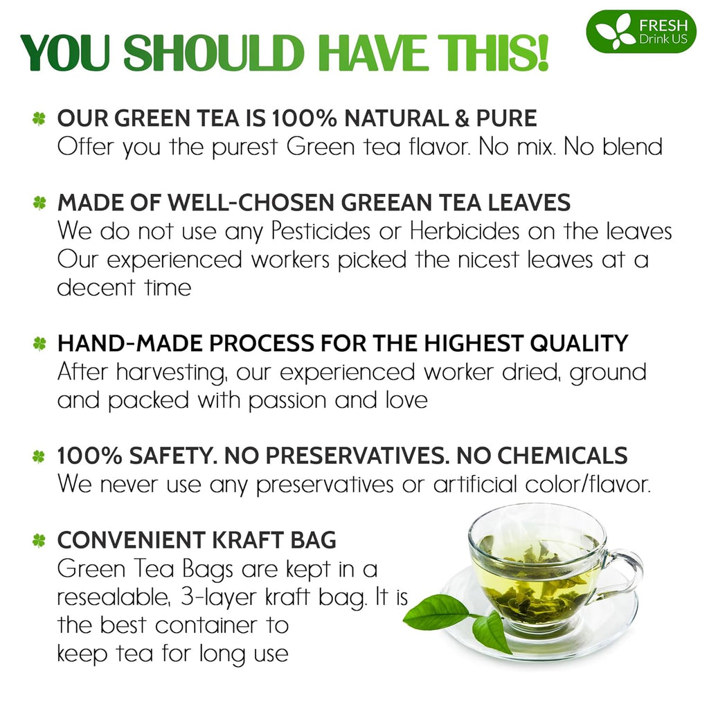 FreshDrinkUS, Premium 210 Green Tea Bags, 100% Natural & Pure from Green Tea. Green Herbal Tea. Made with Natural Material Tea Bags. No Sugar, No Gluten, Vegan.