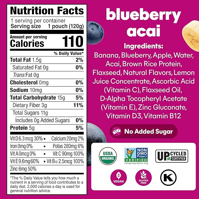 Noka Superfood Fruit Smoothie Pouches Ready to Drink with Brain Support, Healthy Snacks w/ 850mg Omega-3 Flax Seed Plant Protein Vegan Gluten Free Organic Fruit Squeeze Pouch Blueberry Acai 4.22 oz 12 Count