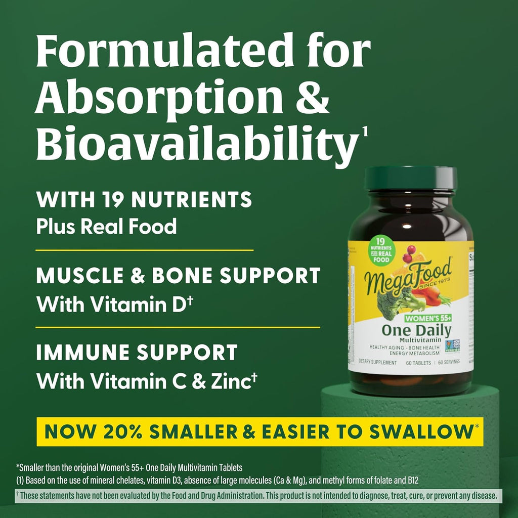 MegaFood Women's 55+ One Daily Multivitamin for Women - with Vitamin A, C, D3 & E for Optimal Aging Support - Plus Real Food - Bone & Immune Support Supplement - Vegetarian - 120 Tabs
