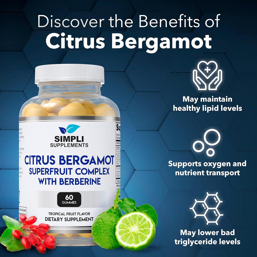 Citrus Bergamot Supplement for High Cholesterol | 60 Citrus Bergamot Gummies with Berberine for Heart Health | Italian Citrus Bergamot 500mg | Support Healthy Cholesterol Levels