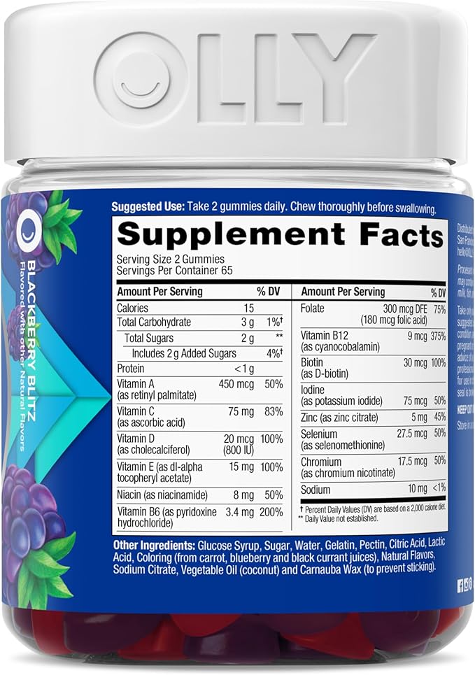 OLLY Men's Multi Gummies, Supports Overall Wellness,* Vitamins A, C, D, E, Bs & Zinc, BlackBerry Blitz Flavored, 65 Day Supply - 130 Count