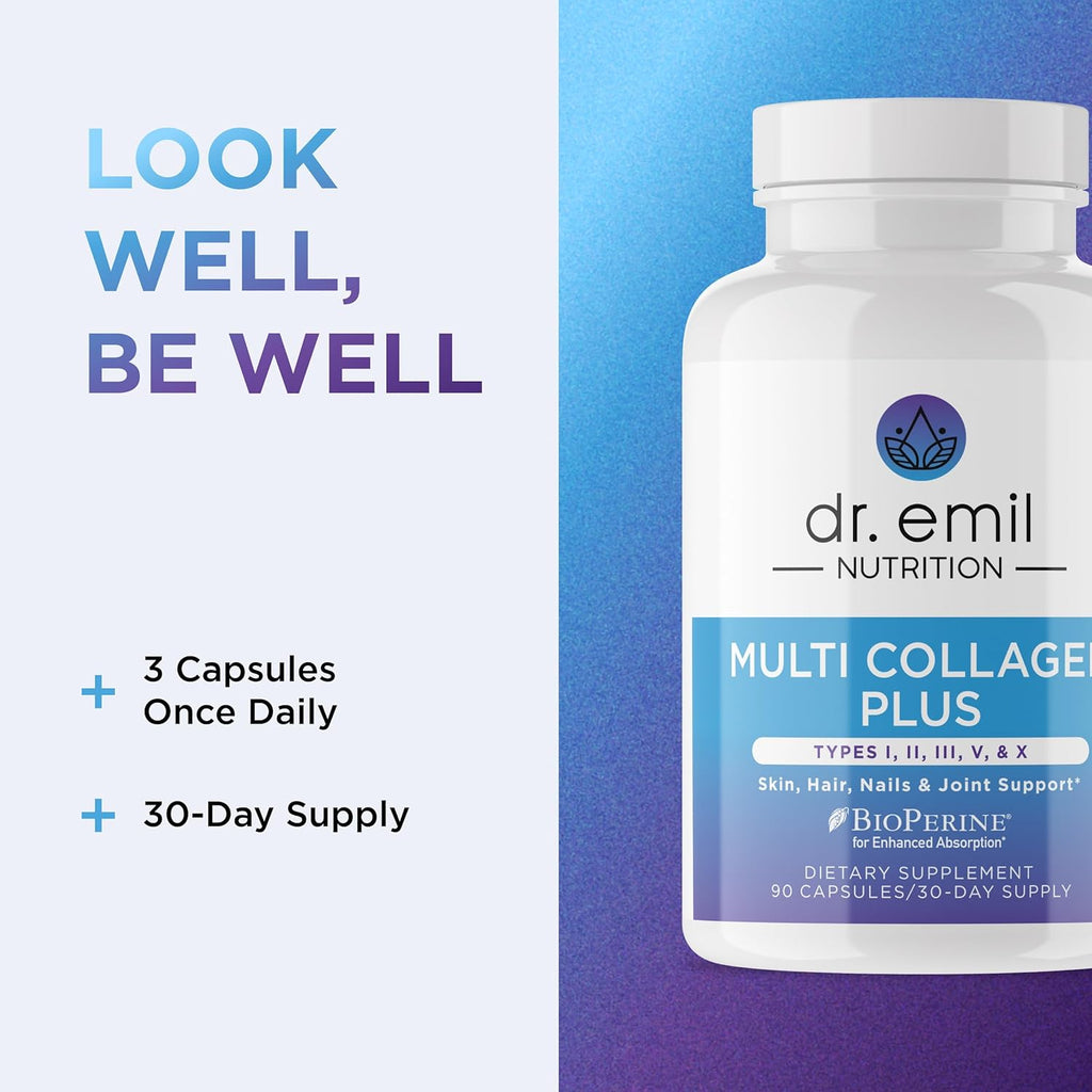 DR. EMIL NUTRITION Women's Multi Collagen Pills | Collagen Supplements | Support Hair, Skin, Nails & Joints | Hydrolyzed Collagen Supplements | Types I, II, III, V & X | 90 Capsules