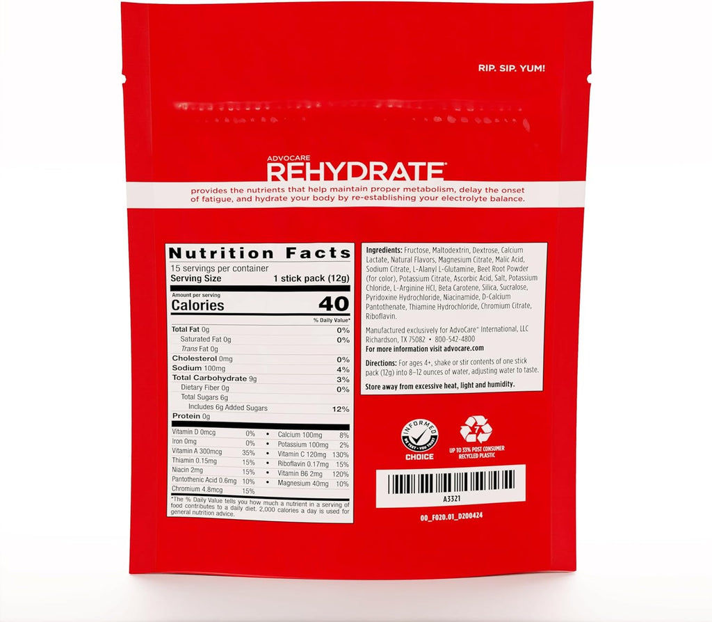 AdvoCare Rehydrate - Electrolyte Drink Mix - Includes Magnesium, Sodium, Potassium & Calcium - Antioxidant & Amino Acid Fortified - Hydration & Recovery - Red Raspberry, 15 Stick Packs (6.3 oz)