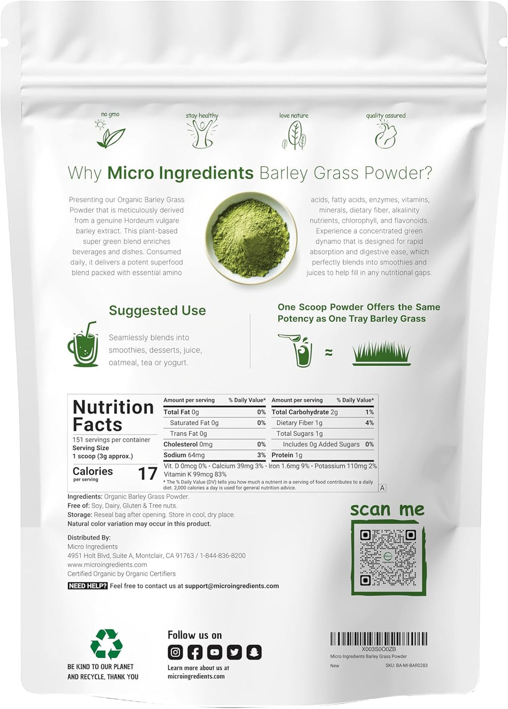 Organic Barley Grass Powder, 16 Ounces | US Grown | Rich in Vitamins, Minerals, Fibers, & Antioxidants | Superfood Greens Mix for Immune Health and Digestion Support | Non-GMO