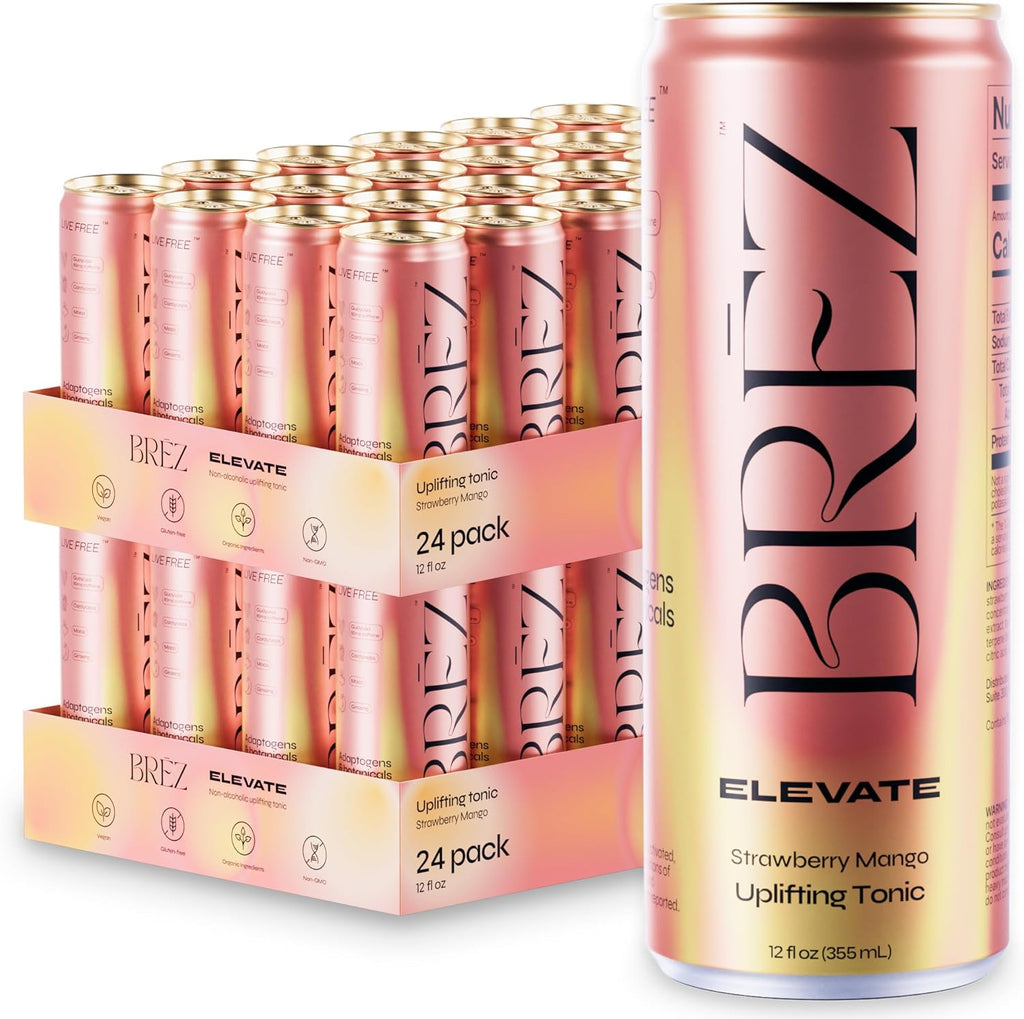 BRĒZ ELEVATE Cordyceps Mushroom Drink, Non-Infused Uplifting Tonic with Cordyceps, Guayusa, Maca & Ginseng, Vegan Adaptogen Drink for Focus, Drive & Mental Clarity, Strawberry Mango, 12 fl oz, 48 Pack
