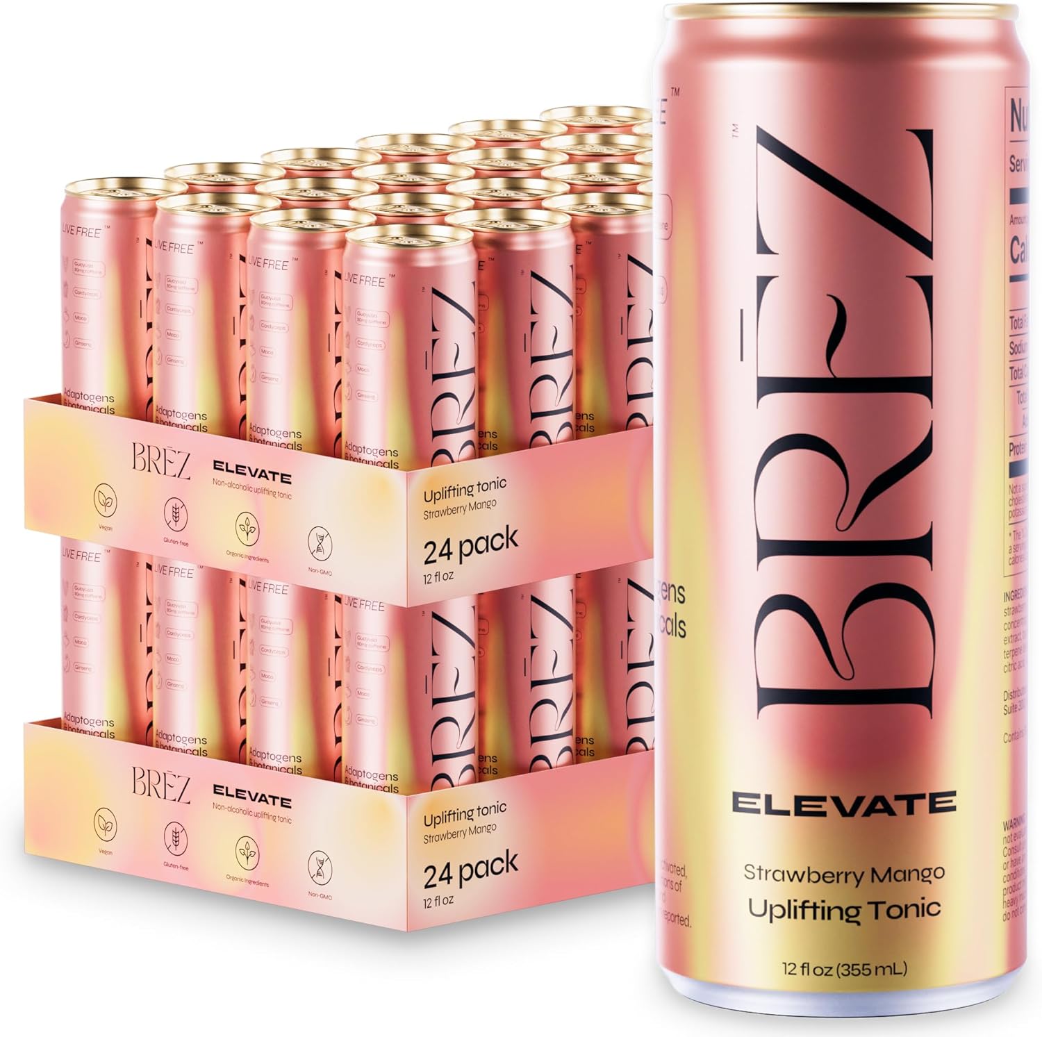 BRĒZ ELEVATE Cordyceps Mushroom Drink, Non-Infused Uplifting Tonic with Cordyceps, Guayusa, Maca & Ginseng, Vegan Adaptogen Drink for Focus, Drive & Mental Clarity, Strawberry Mango, 12 fl oz, 48 Pack