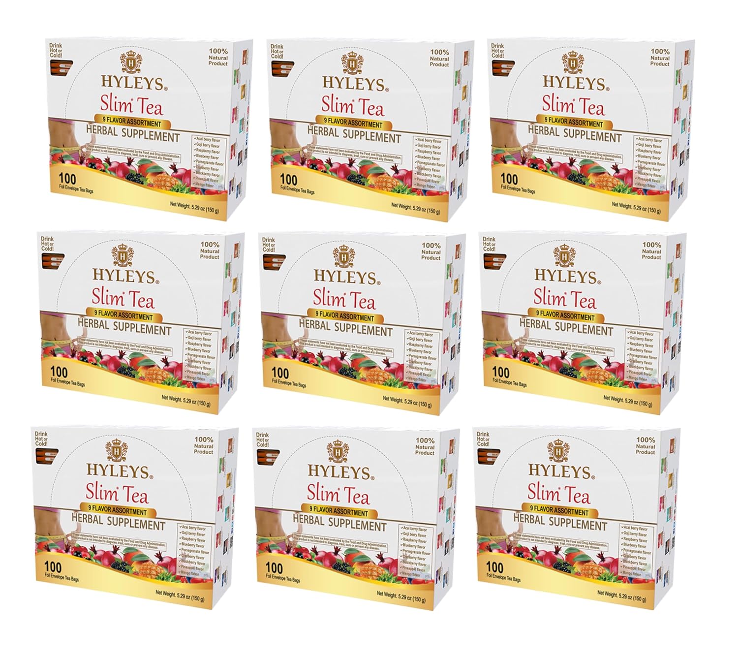 Hyleys Slim Tea 9 Flavor Assortment 100 Ct - Weight Loss Herbal Supplement Cleanse and Detox - 100 Tea Bags (9 Pack)