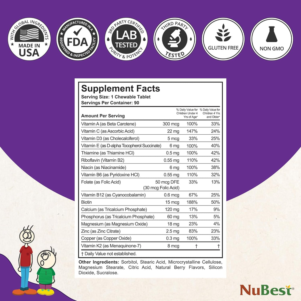 NuBest Tall Kids - Toddlers Vitamins and Kids Vitamins for Age 2 to 9 - Bone Strength, Brain Growth and Immunity with Multivitamins & Minerals | 90 Chewable Tablets | 6 Pack