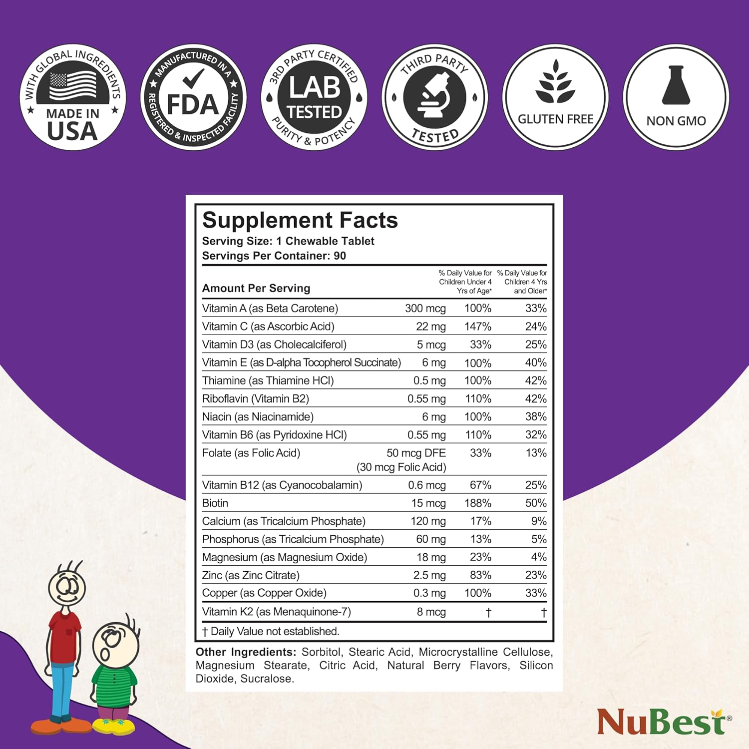 NuBest Tall Kids - Toddlers Vitamins and Kids Vitamins for Age 2 to 9 - Support Bone Strength, Overall Health and Immunity - Animal Shapes - 90 Chewable Berry Tablets | 3 Pack