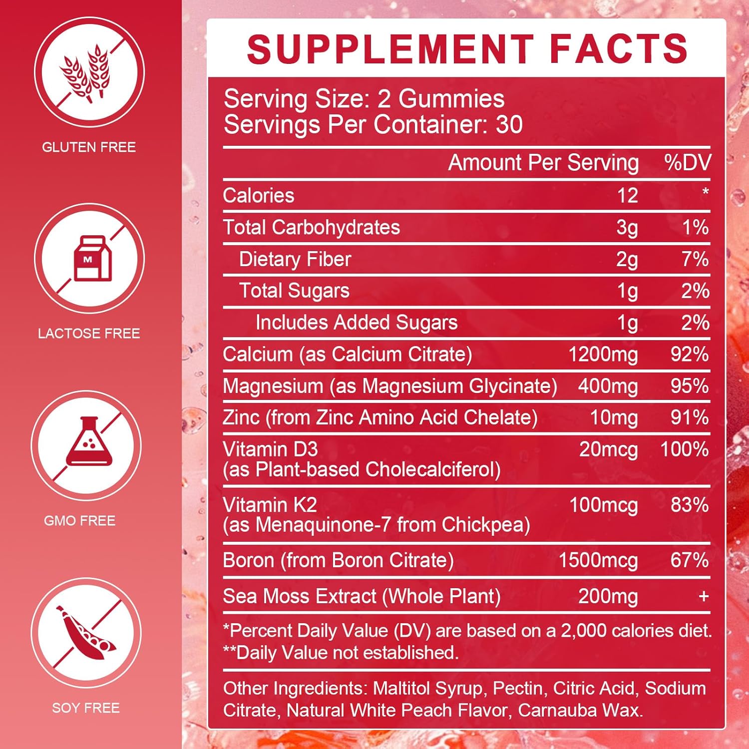 Calcium Citrate 1200mg Gummies with Vitamin D3, K2 - Chewable Calcium Magnesium Zinc d3 Supplement with Sea Moss Extract for Bone, Teeth, Immune Support for Women & Men, Peach Flavor-60 Gummies(2Pack)