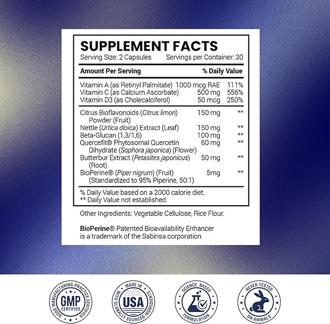 Research Verified Lung and Respiration - Seasonal Allergy and Sinus Support - Vitamin A, C & D, Quercetin, Nettle Leaf Extract - 60 Capsules - Made in The USA