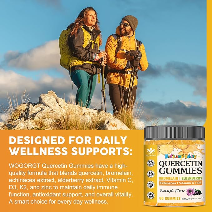 Quercetin Gummies with Bromelain for Adults & Kids - 800mg Quercetin with Bromelain, Elderberry, Vitamin C, D3 - Immune, Seasonal Wellness Support - Sugar Free, Vegan, Pineapple Flavor, 60 Ct (2 Pack)