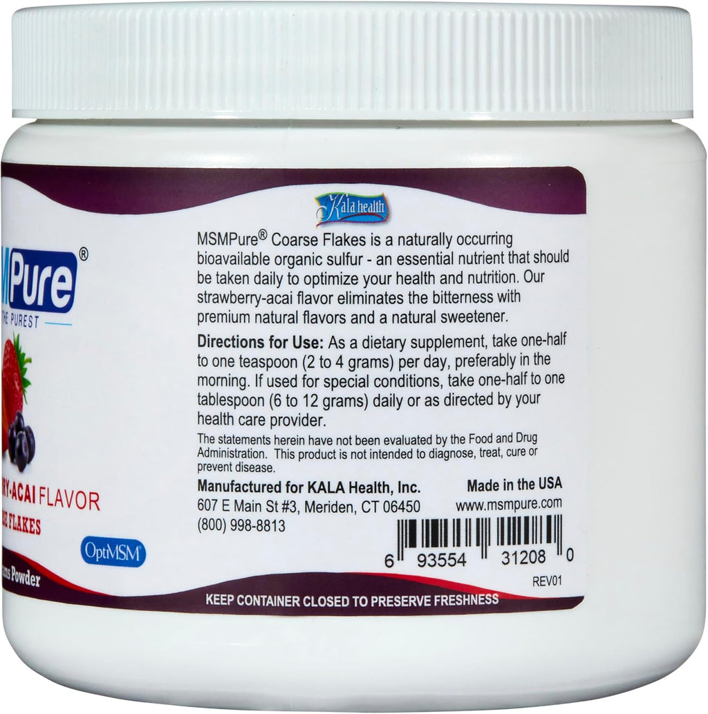 KALA HEALTH MSMPure Strawberry Acai Flavored Coarse MSM Powder Flakes – US-Made MSM for Joint Health, Skin Appearance, and Hair & Nail Support – 8.8 oz, Organic Sulfur