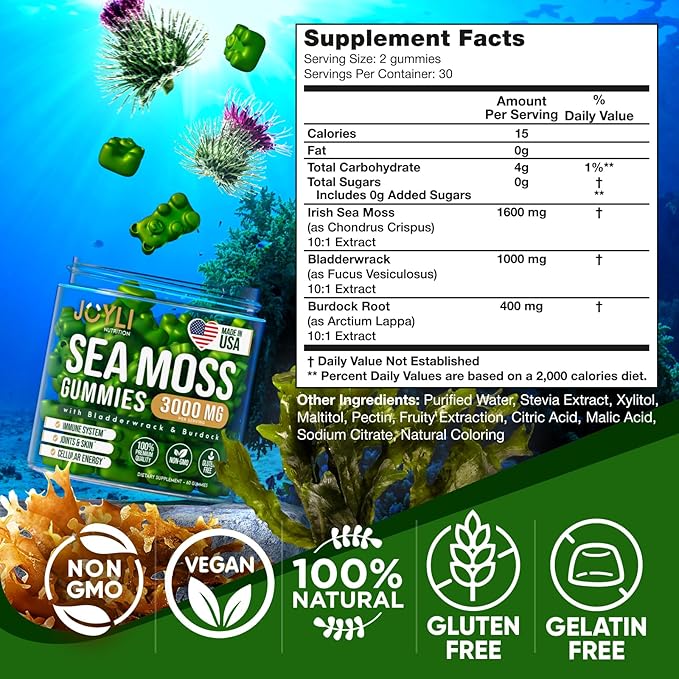 Sea Moss Gummies - Irish Seamoss Gummies for Adults & Kids - Advanced Superfood Supplement with Natural Sea Moss Gel, Bladderwrack & Burdock Root Extract - 60 Vegan Irish Moss Gummy Bears