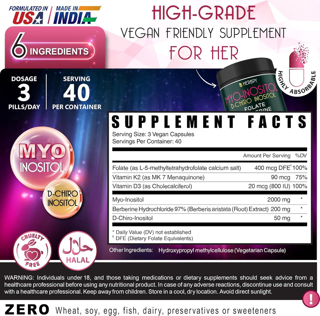 6in1 Premium 40:1 Myo-Inositol & D-Chiro Inositol Supplement for Women with Folate, Berberine HCl 97%, Vitamin D3 & K2 - Hormonal Balance & Ovarian Health Support- 120 Vegan Capsules