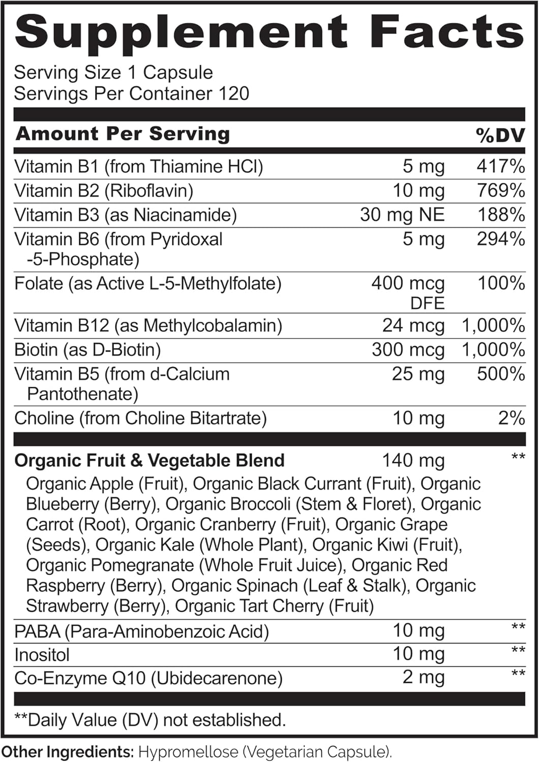 NATURELO Vitamin B Complex with Methyl B12, Methyl Folate, Vitamin B6, Biotin Plus Choline, CoQ10, and Fruit & Vegetable Blend - Supports Energy & Healthy Stress Response - Vegan - 120 Capsules