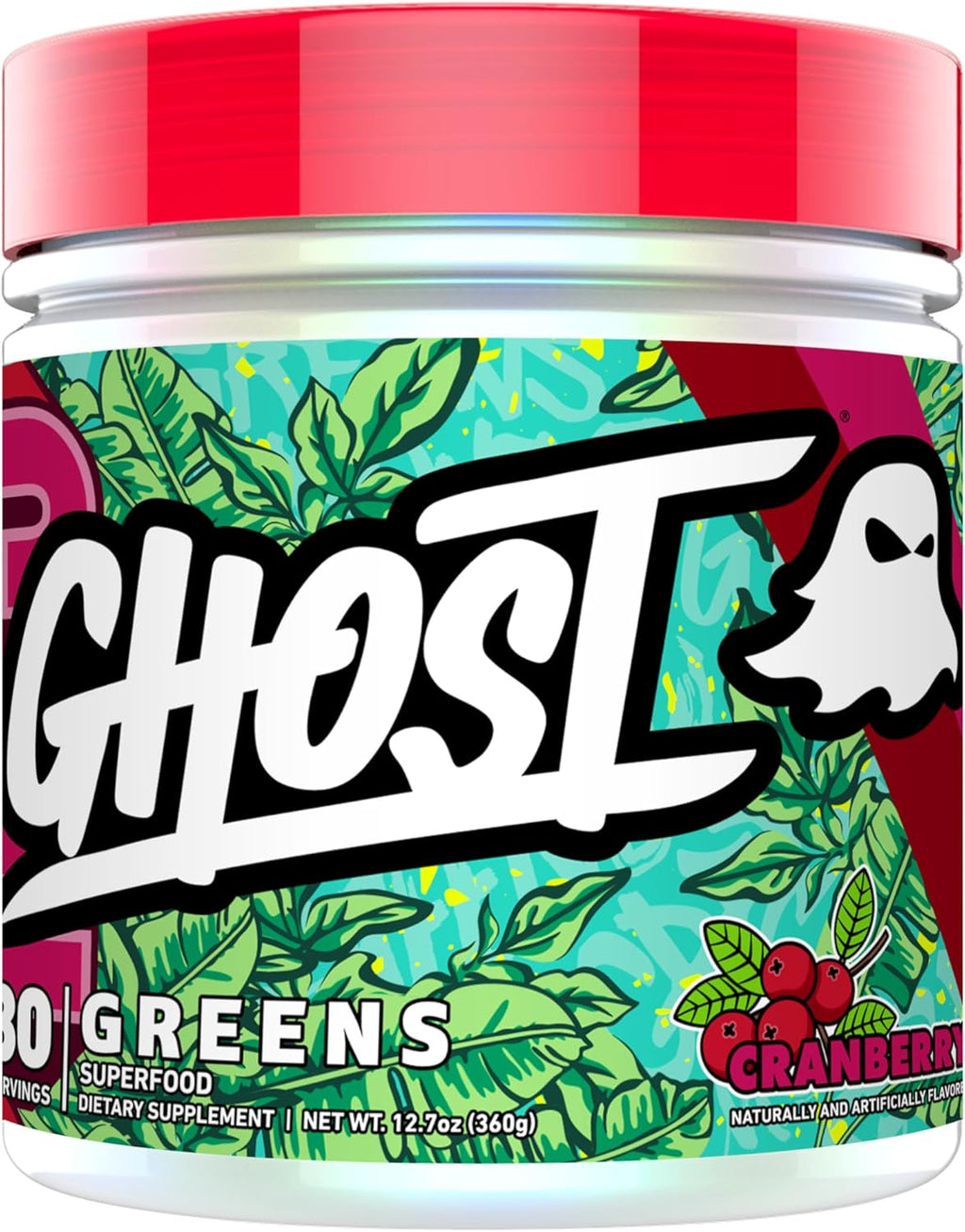 GHOST Greens Superfood Powder, Cranberry- 30 Servings - 19 Super Greens & Reds, Fruits, Vegetables, Spirulina, & Chlorella, Prebiotics, 10 Billion CFU Probiotic & Digestive Enzymes - Soy-Free