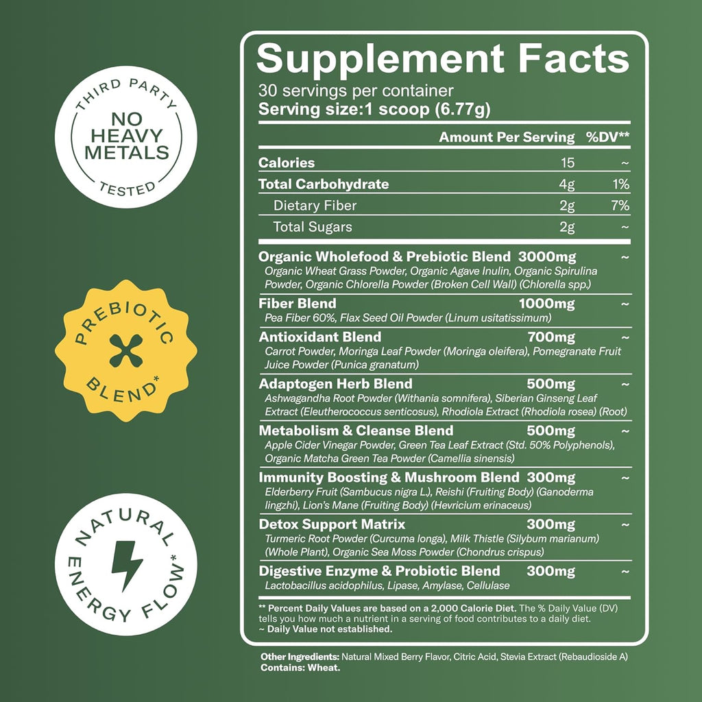 Super Greens Powder with Matcha for Digestive & Gut Health – 25 Organic Superfoods with Probiotics, Prebiotics, Enzymes & Sea Moss – Vegan Superfood Powder for Bloating & Regularity - 30 Servings