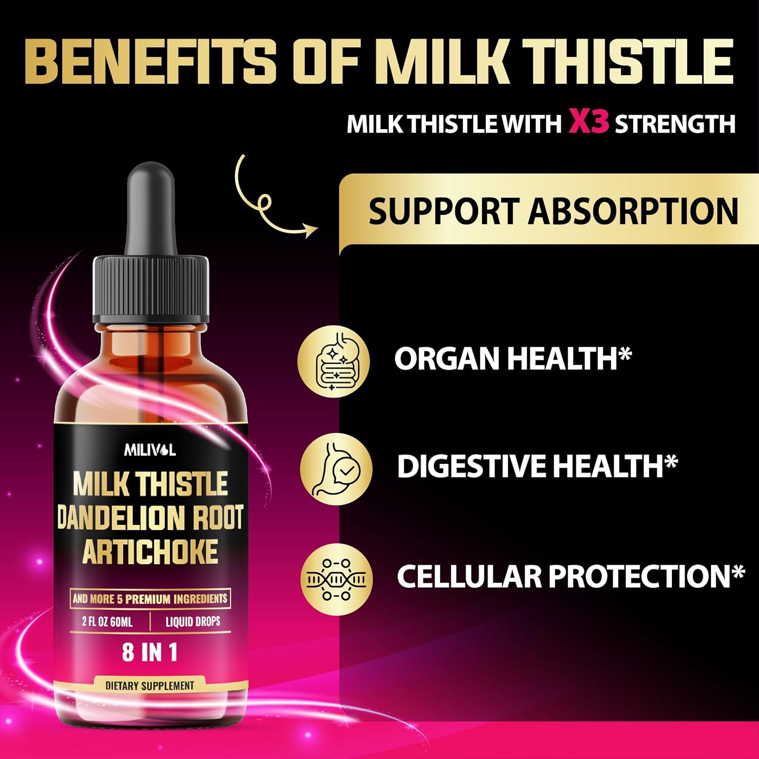 8in1 Milk Thistle Liquid Drops with Dandelion Root Extract, Artichoke Tincture, Turmeric Curcumin, Schisandra Berry, Chanca Piedra, Peppermint and Beet Root - 60 Days Supply - 2 Fl Oz