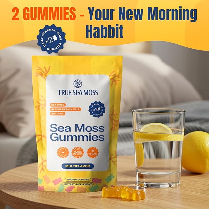 TrueSeaMoss Sea Moss Gummies with Bladderwrack & Burdock Root – Vegan Formula for Adults & Kids – Fruity Flavor – 60 Gummies (Pouch May Vary)