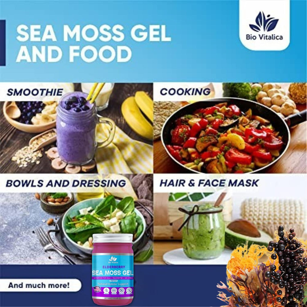 Sea Moss Gel by BioVitalica - Irish sea Moss raw Organic - Premium Quality - Dr Sebi, Vegan superfood for Cells - 100% Natural Seamoss Gel - (Pack of 3, Elderberry)
