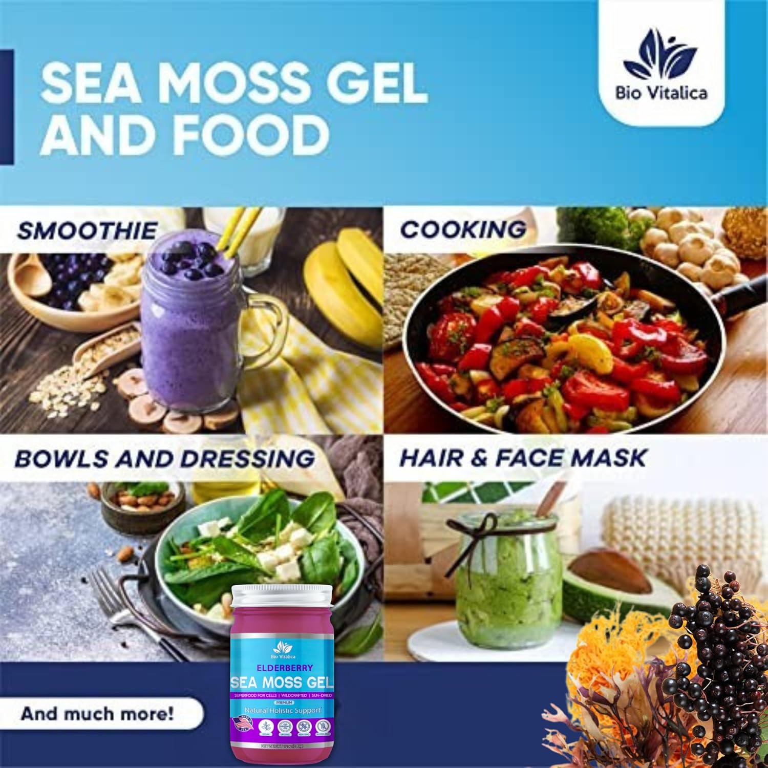 Sea Moss Gel by BioVitalica - Irish sea Moss raw Organic - Premium Quality - Dr Sebi, Vegan superfood for Cells - 100% Natural Seamoss Gel - (Pack of 3, Elderberry)