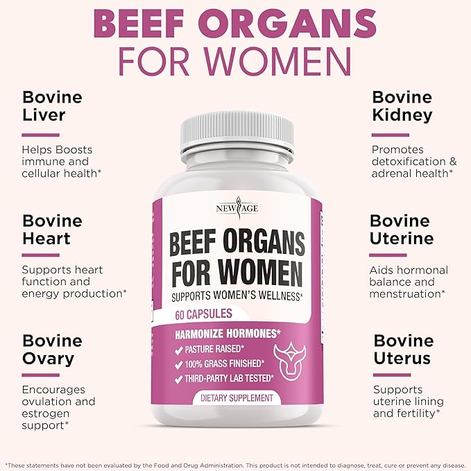 NEW AGE Beef Organ Supplement for Women - Beef Liver, Kidney, Heart and Uterus Tissue, Supports Women's Overall Energy and Health - Pasture Raised, Grass Fed - No Fillers - 120 Capsules