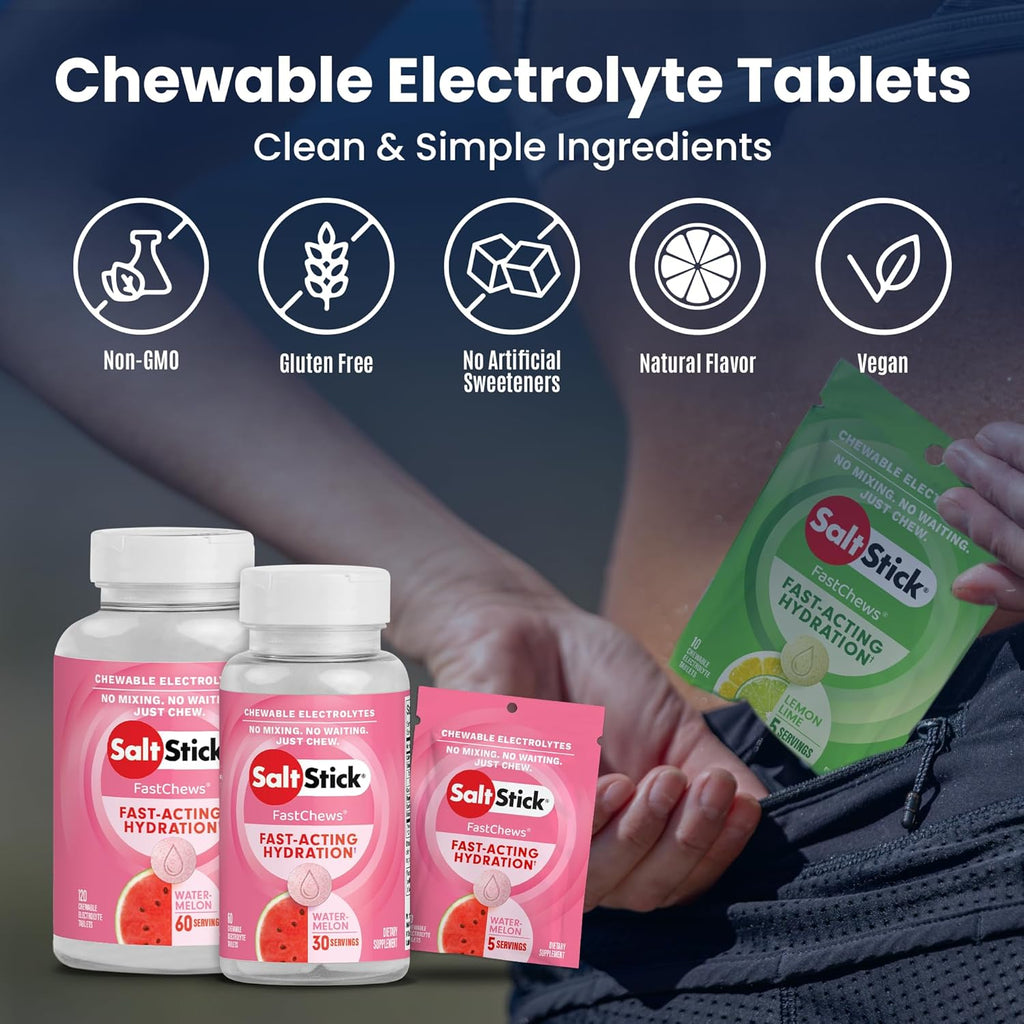 SaltStick Electrolyte FastChews - 120 Watermelon Chewable Electrolytes - Salt Tablets for Running and Hydration, Electrolyte Chews - 120 Count
